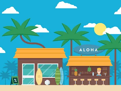 Summer bar aloha bar fireart fireart studio flat palm tree sand summer surfing