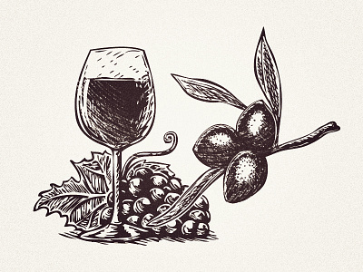 olives, grapes and wine drawing glass grapes greece greek hand illustration oil olive rustic traditional wine