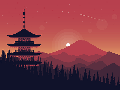 Pagoda illustration landscape mountain mountains pagoda shooting star stars trees vector