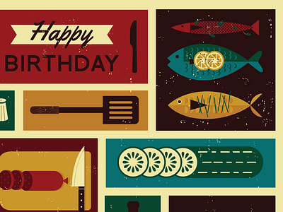 Chef greetings card birthday chef chorizo cooking cucumbers fish happy knife lemons spatula