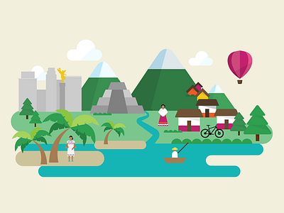 México balloon city culture flat illustration landscape mountains méxico nature palmtrees pyramid skyline