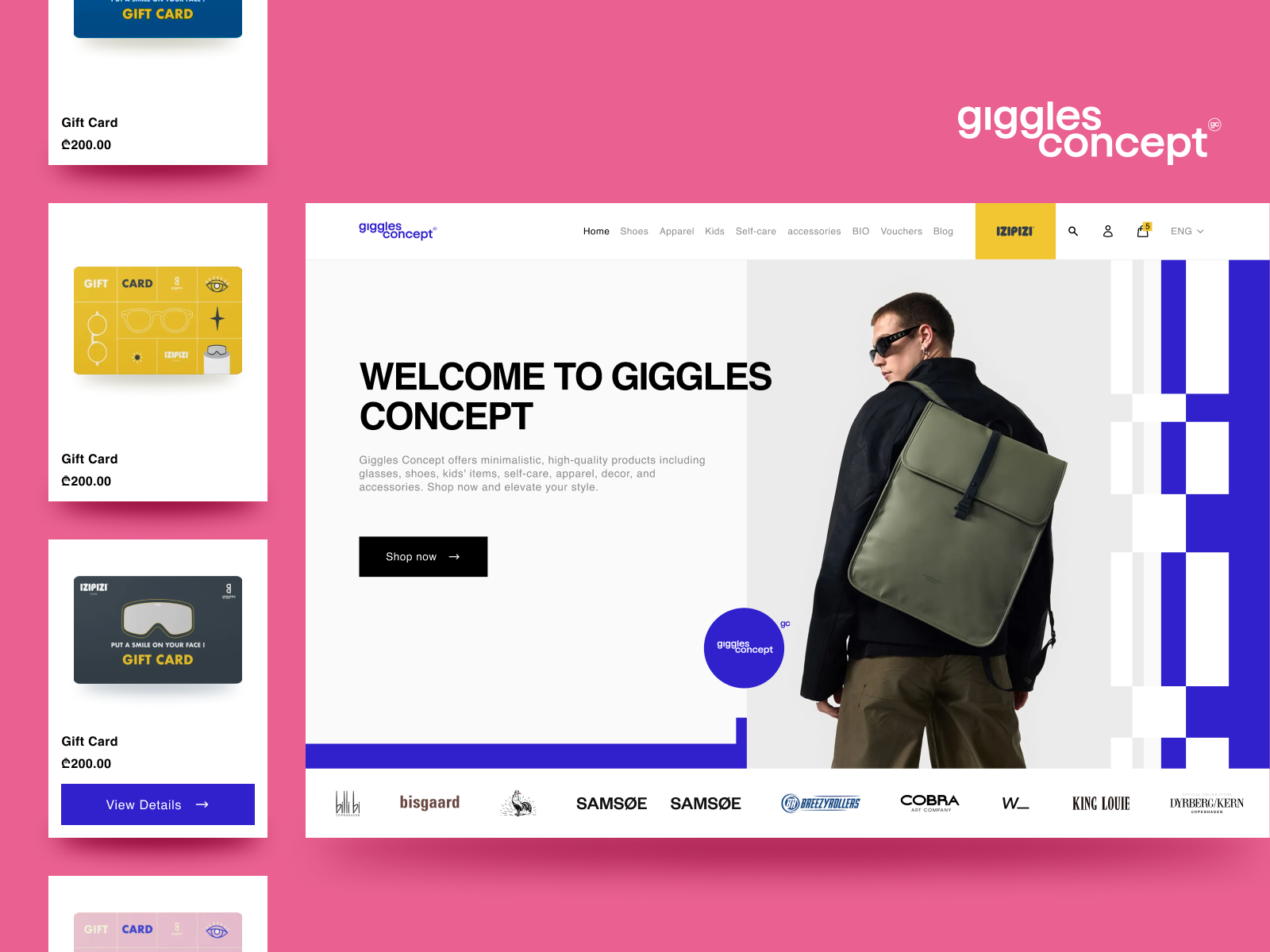 Fashion Brands E-Commerce Website Design (Giggles Concept) brutalism categories checkout e commerce giggles giggles concept header hero section inputs izipizi mobile design order order review personal infromation product cards re branding responsive responsive design shop web design