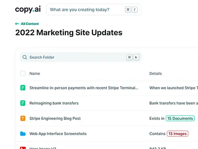 copy.ai New App UI Concept ai b2b badge checkbox clean cms command copyai crm header icon image minimal navigation row saas search table ui web app