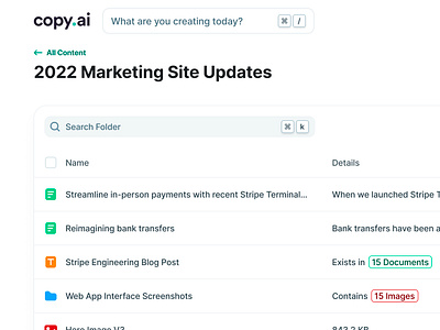 copy.ai New App UI Concept ai b2b badge checkbox clean cms command copyai crm header icon image minimal navigation row saas search table ui web app