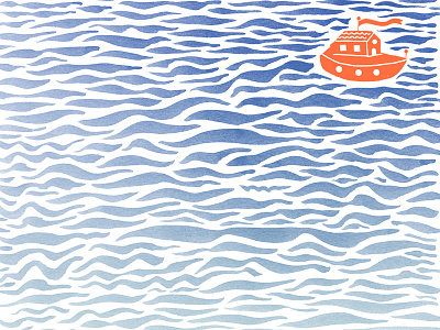 Lost at Sea blue boat illustration nautical ocean sea water