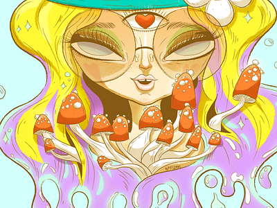 70's babe 70s babe high illustration mushrooms third eye trippy