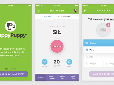 Happy Puppy App Screens app colorful design dog flat happy material puppy ui ux