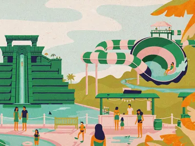 Water Park child children clouds family fun palm people ride slide sun swimming water