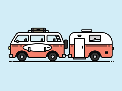 Road Trip car clean flat illustration illustration line line art out line surfing trailer travel van volkswagen