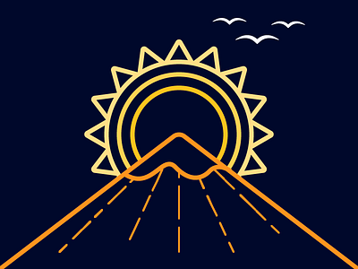 Sun over mountain birds bright japan navy neon outline sun sunset vector