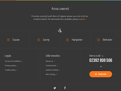 Footer ideas borders button cta dark footer grid locations orange phone