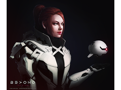 Dagonian Guardian — BEYOND THE STARS art character drone future game girl portrait redhead sci fi space suit white