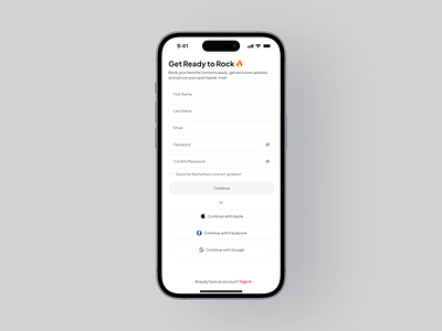 Concert Ticketing Mobile IOS App app booking concert daily ui ios mobile phone screen sign up screen ticketing ui