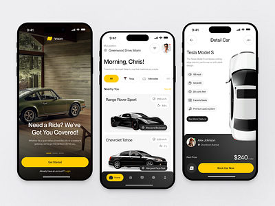 Vroom - Car Rental Mobile App app booking booking app car car app cars clean drive mobile mobile app modern rent rental rental car reservation schedule tesla ui ui design vehicle