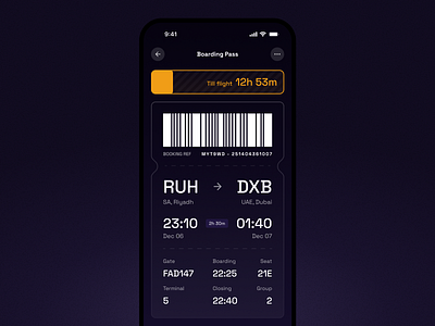 Flight ticket screen with flight timer app barcode boarding design flight interface plane timer ui uiux