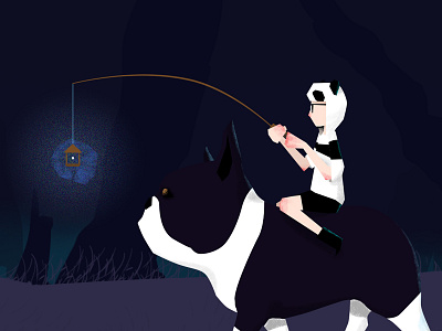 Night walk (wip) boston terrier dog illustration lamp night panda riding wip