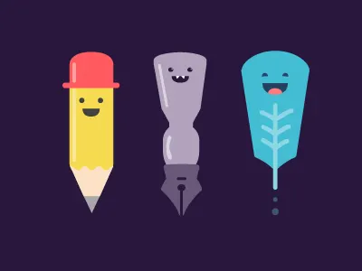 Writing dudes characters draw dudes faces feather implements ink pen pencil quill smiling writing