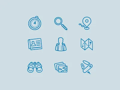 Travel Icons binoculars compass hiker icons knife line art map passport photos pin drop search swiss army