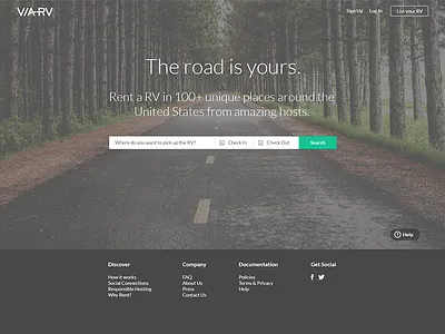 VIA RV Homepage Design adventure green home page lander landing page road rv travel web website