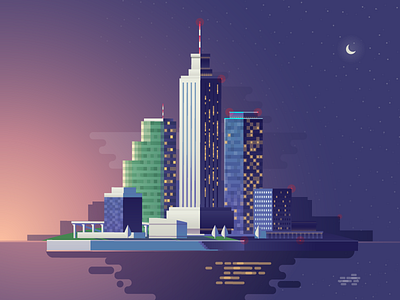 City in the night building city dark illustration island moon night sunset view