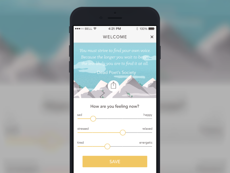 Mindfulness App Welcomescreen happy illustration made with invision mindful mountains sad share slider snow stress tree welcome