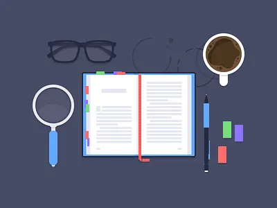 Readin' book bookmark coffee coffee mug coffee stain glasses illustration magnifying glass pencil sticky note