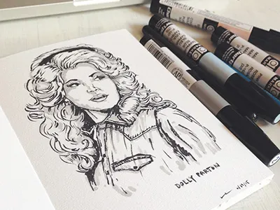 Dolly Drawings Portrait In Progress black brush pen celebrity dolly parton grey illustration line marker musician portrait sketch woman