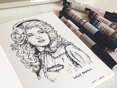 Dolly Drawings Portrait In Progress black brush pen celebrity dolly parton grey illustration line marker musician portrait sketch woman