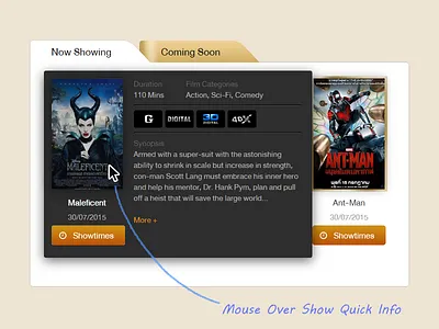 Mouse Over Show Quick Info box design lightbox movie popup showtime ui web