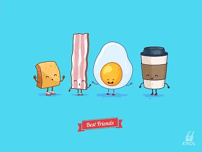 Best friends (x2) 2d bacon cartoon character croissant cup egg flat funny illustration krol vector