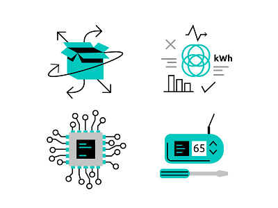 Energy Tech Icons chip delivery distribution graphs icon installation microchip shipping tech thermostat tools vector