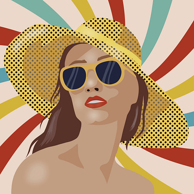 Retro style lady in a hat graphic design hat illustrator pop art retro lady retro portrait summer glasses summer lady summer retro yellow hat