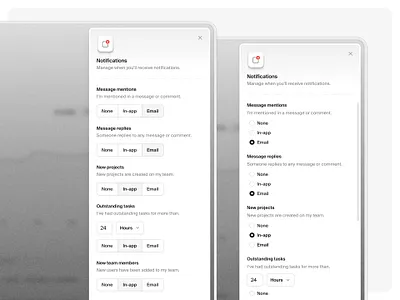 Notifications settings — Untitled UI modal notifications preferences product design settings slideout ui design user interface