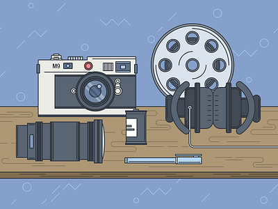 Lights, camera, action camera flat headphones icons illustration leica lens movie multimedia photography set