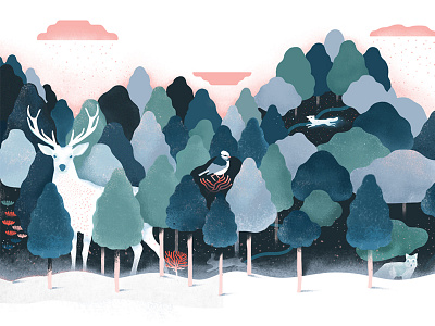 Mykita Hero Illustration bird deer forrest fox mysterious rabbit snow winter woods