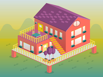 Isometric house gradient home house iso isometric patio tree