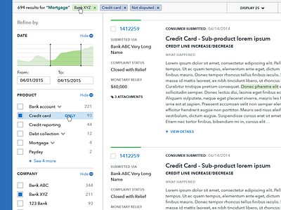 Complaint Database Search Interface filter finance government interface results search selection tags timeline