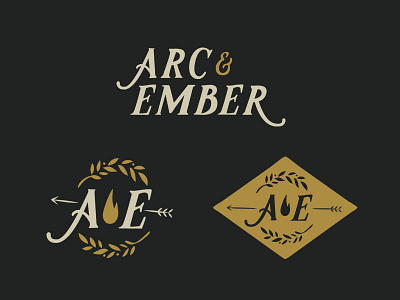 Arc & Ember arrow branding fire flame hand drawn hand lettering identity laurel leaves logo typography wreath