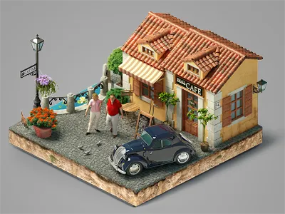Cafe cafes car city isometric retro