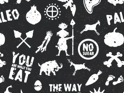 Eat Like A Caveman black and white cave caveman diet food icons illustration lifestyle paleo seamless silhouette wallpaper