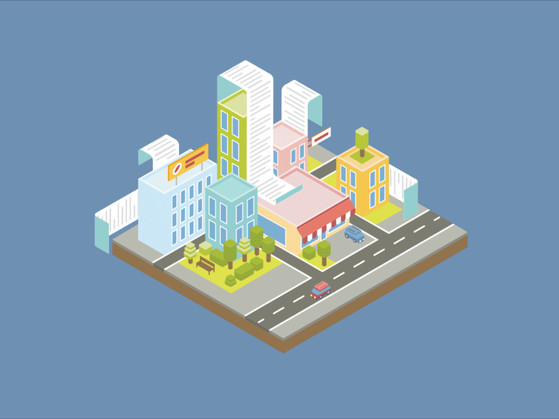 Sity and faxes 3d animation building car city fax files flat isometric motion graphics paper print