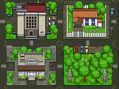 Game Level building car crosswalk game intersection street trees