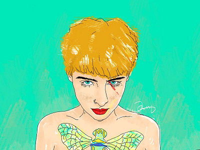 Short-haired girl golden illustration lips