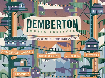 Pemberton Music Festival Poster birds clouds dan kuhlken dkng house ladders mountains nathan goldman pemberton tree house trees vector