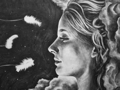 Full Circle art charcoal drawing feathers portrait space
