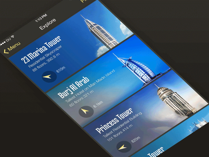 Single Sight Screen animation app application cards dubai ios mobile skyscraper tourist uae ui wip