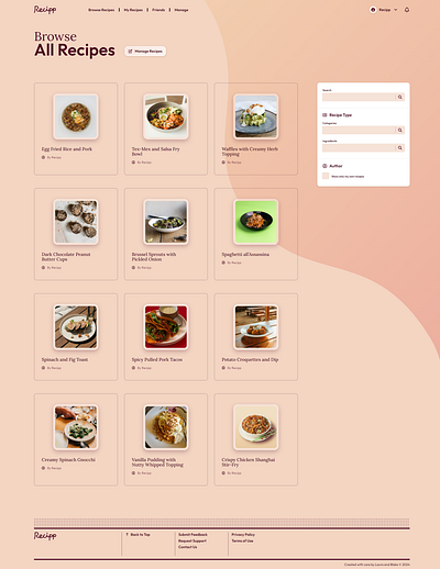 Recipp App | Browse Page app cards dark mode graphic design grid recipes web