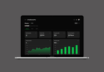 Real Estate Dashboard UI – Dark Mode app darkmode dashboard ui design logo mockup pro product design ui uiux user interface design ux webapp