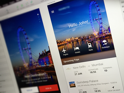 Travel app_Home Page blue flight holidays hotels rails travel ui ux