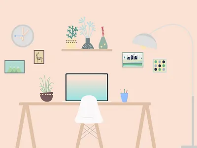Workspace chair design studio desk european freelance illustration pastel plants scandinavian workspace